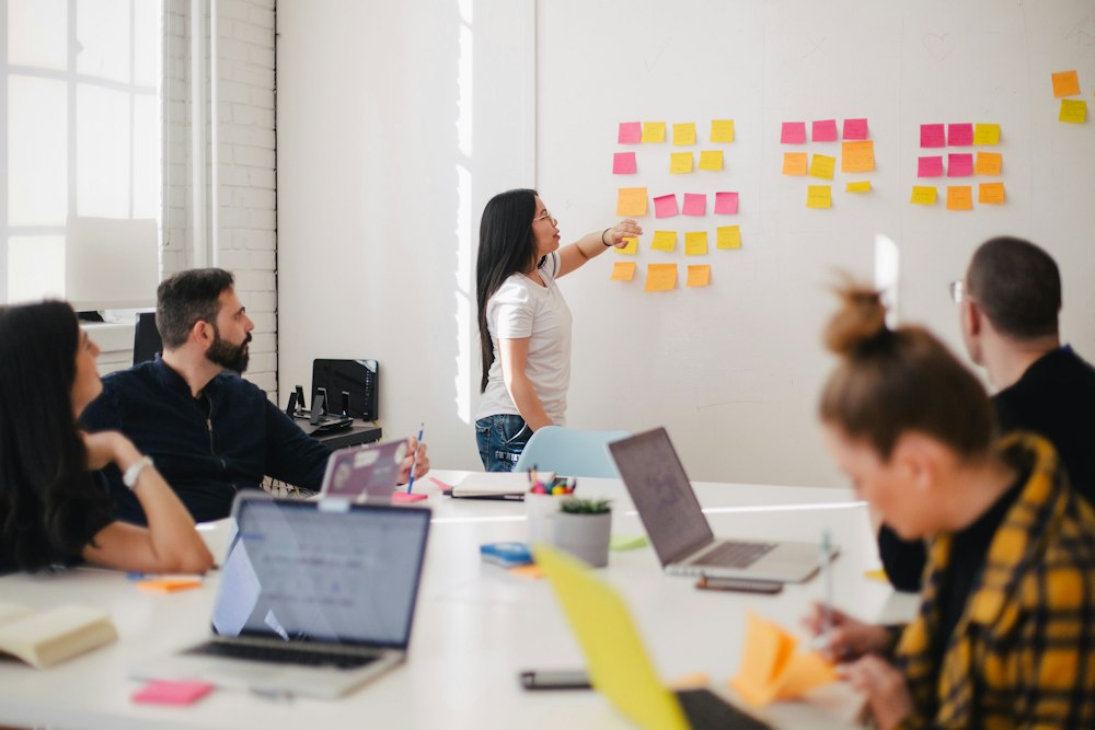 Marketing team brainstorming around a meeting table